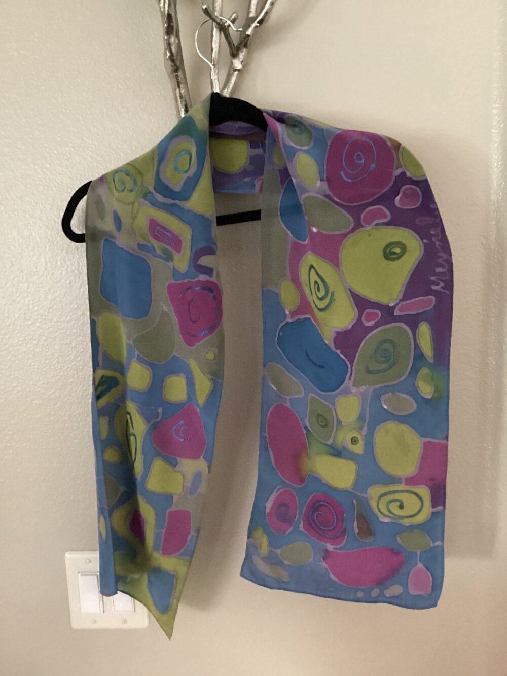 Blue, purple, green silk abstract scarf with flaw (10" x 60")